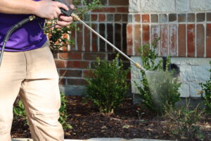spraying pest control chemicals outside of a home