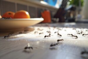 A sunny kitchen scene where ants are attracted to a plate of fruit in home.